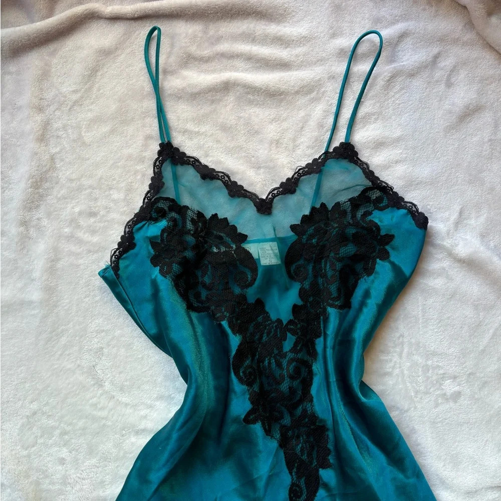 Vintage from the 90’s Victoria’s Secret teal turquoise and black Slip Dress - Picture 3 of 5